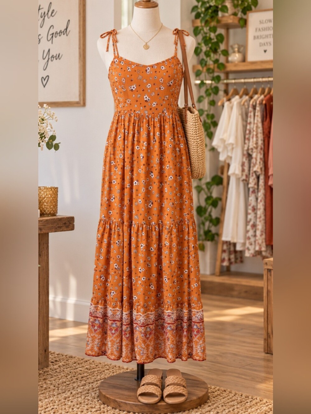 *Women's Orange Floral Maxi Dress with Border Print Pit 18
